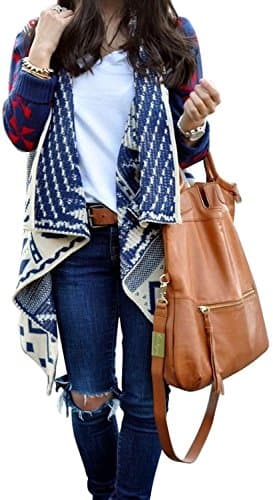 Aris Aztec Printed Fair Isle Pattern Open Front Cardigan Sweater And Pink Storage Bag (Small)