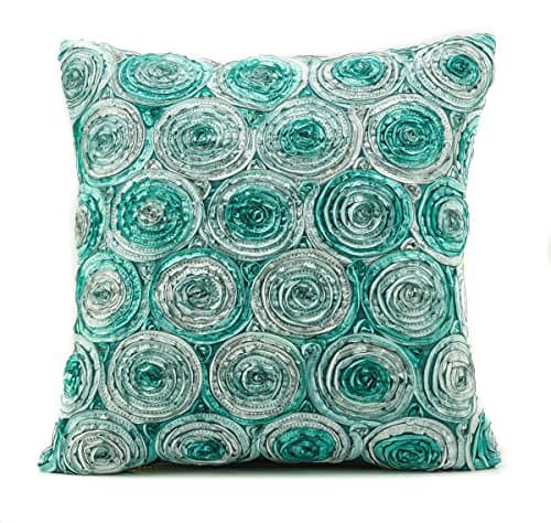 Narphosit Round Two Tone 3d Bouquet Roses Thai Silk Cushion Cover Throw Pillow Case (Teal)