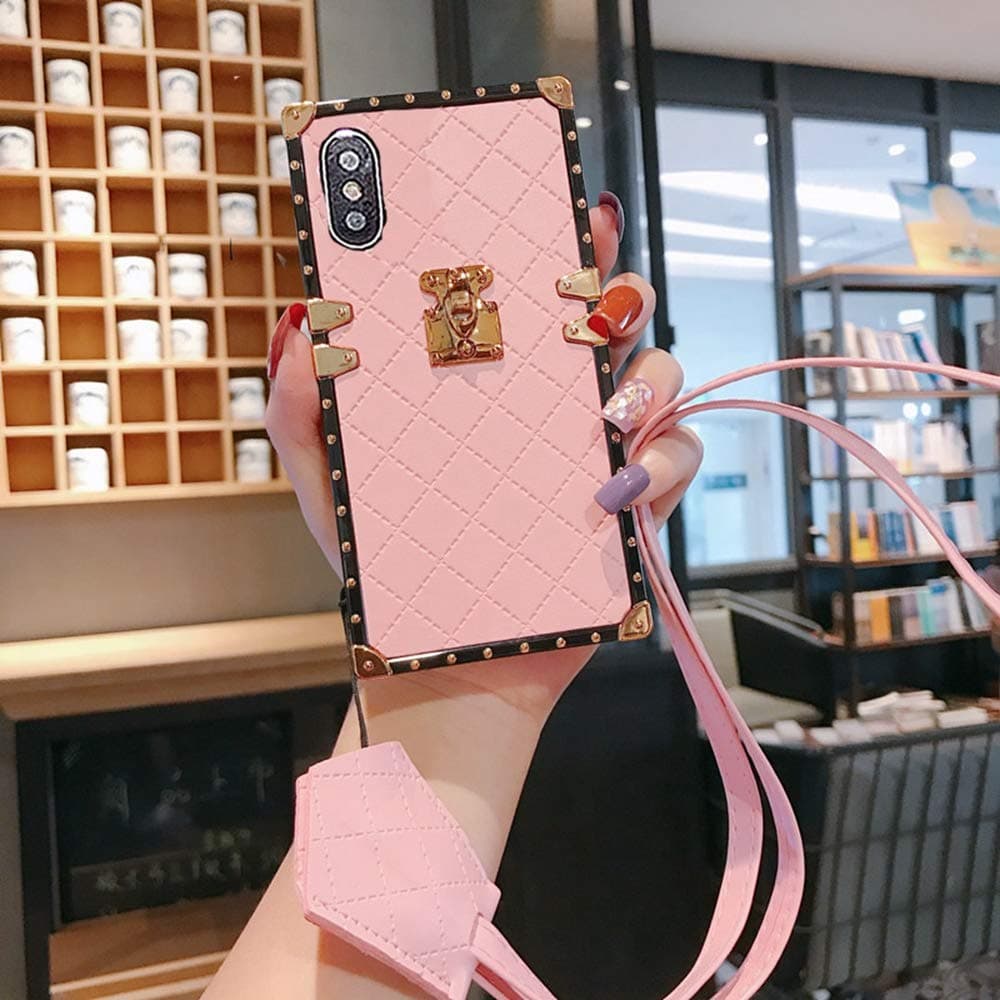 KAPADSON for iPhone 7 Plus,iPhone 8 Plus Newest Diamond Skin Design TPU+ PU Leather Gold Square Plaid Corner Back Case Flexible Cover with Strap - Pink