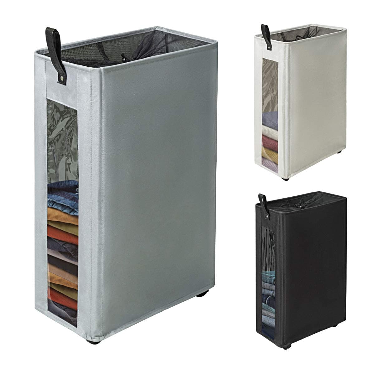 ZERO JET LAG 27 inches Slim Laundry Hamper rolling Large Tall Laundry Basket on Wheels Clear Window Visible Dirty Clothes Hamper Thin Clothes Storage Standable Corner Bin Handy 16"×8.5"×25" Grey