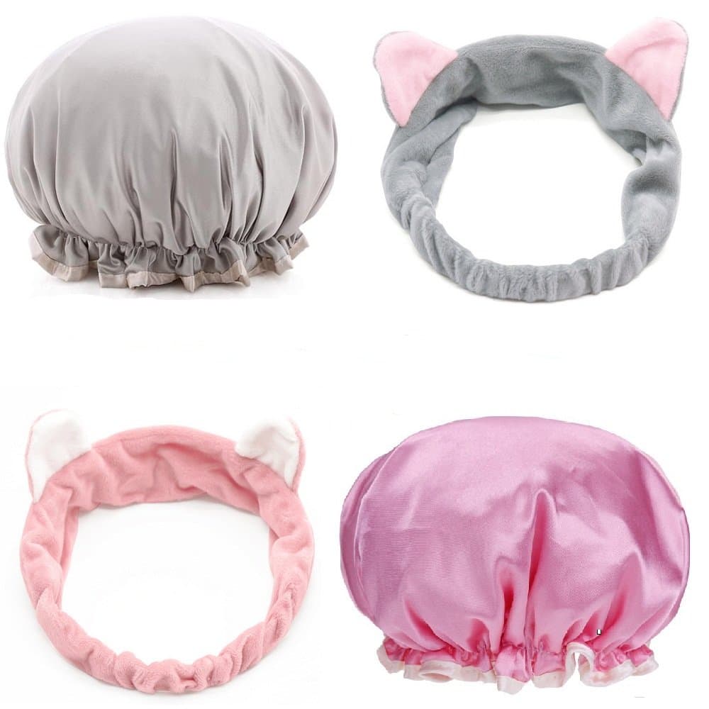 4 Pieces Bath Set,2 Pieces Double-layer Bath Cap+2 Cat Ears Headband Elastic Band Shower Hat Waterproof for Women Shower Spa
