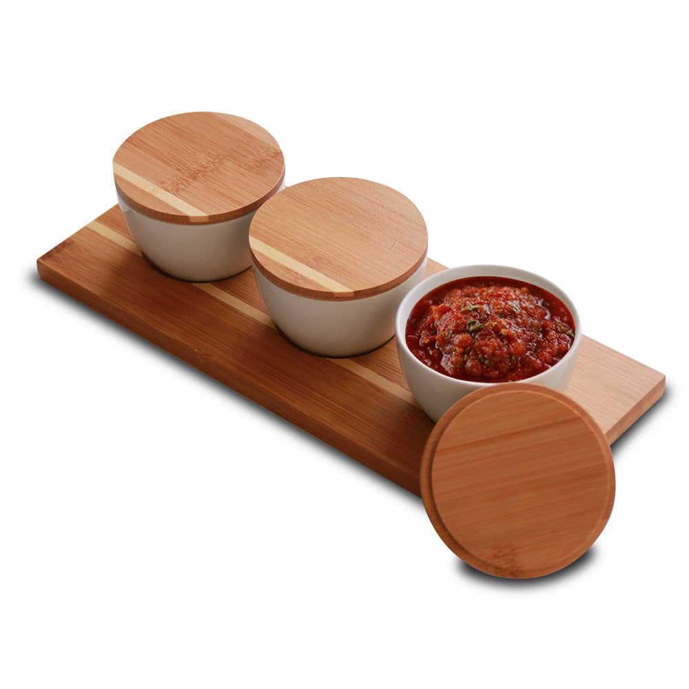 Everything Bamboo Salt & Salsa Caddy Condiment Organizer & Server with 3 Ceramic Containers for Serving and Storage