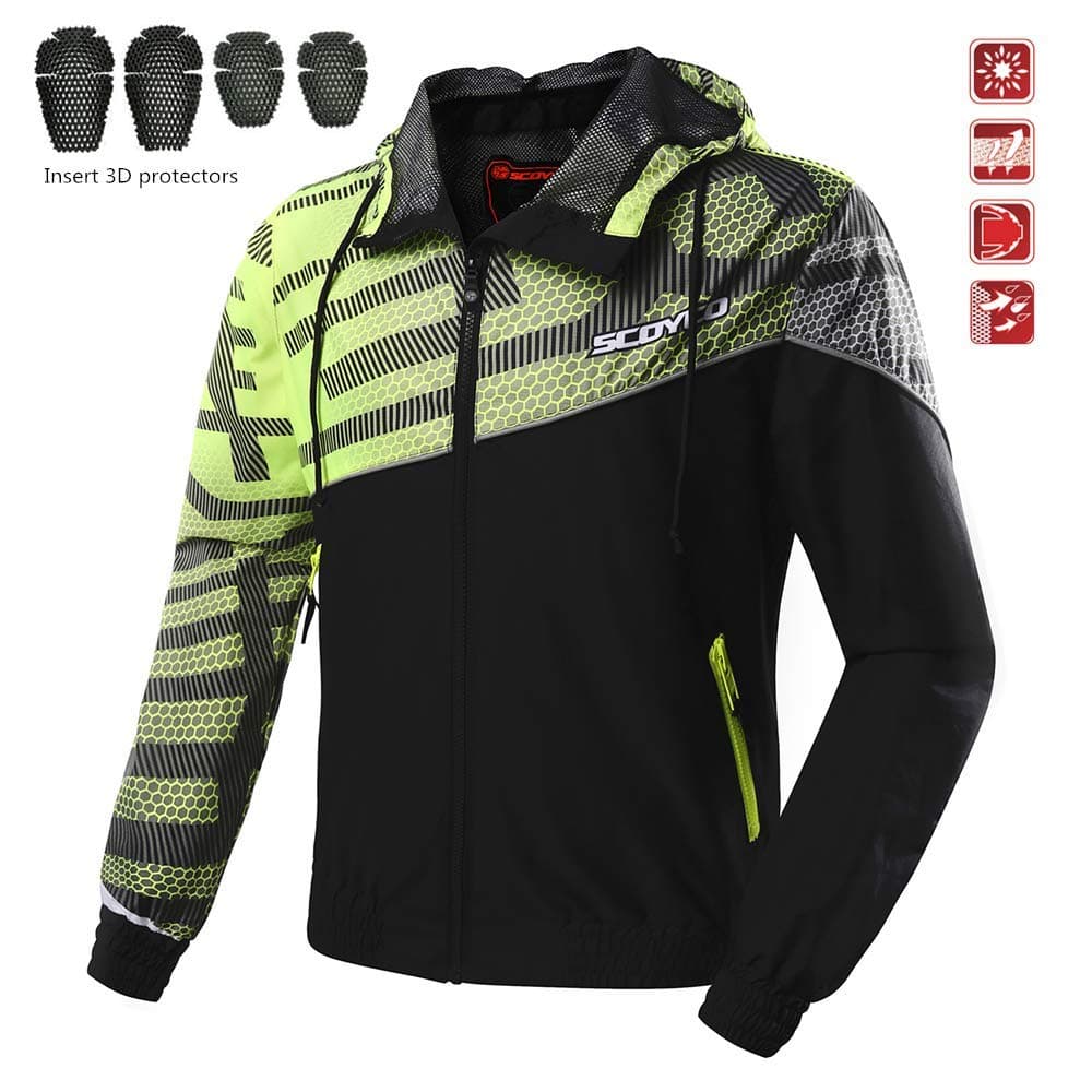 SCOYCO Hooded Summer Windproof Waterproof Ventilate Mesh Leisure Replaceable Protective Windbreaker Motorcycle Jacket (GREEN,XXL)