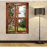 Illusion Window view wall Mural Window view Wall Stickers, Window Frame Wall Art, self adhesive wallpaper View of the Tranquil Garden Path in The Mountains, Multi colour