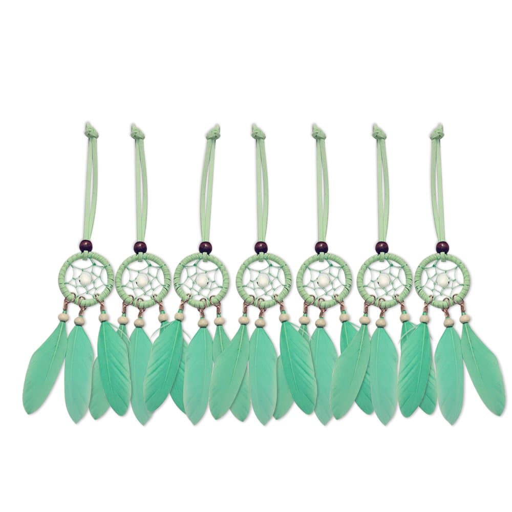 Mini Dream Catcher 7pcs Set - Car Interior Rearview Mirror Dangle Bag Pendant Charm 1.2" Diameter and 9" Long (Mint Green)