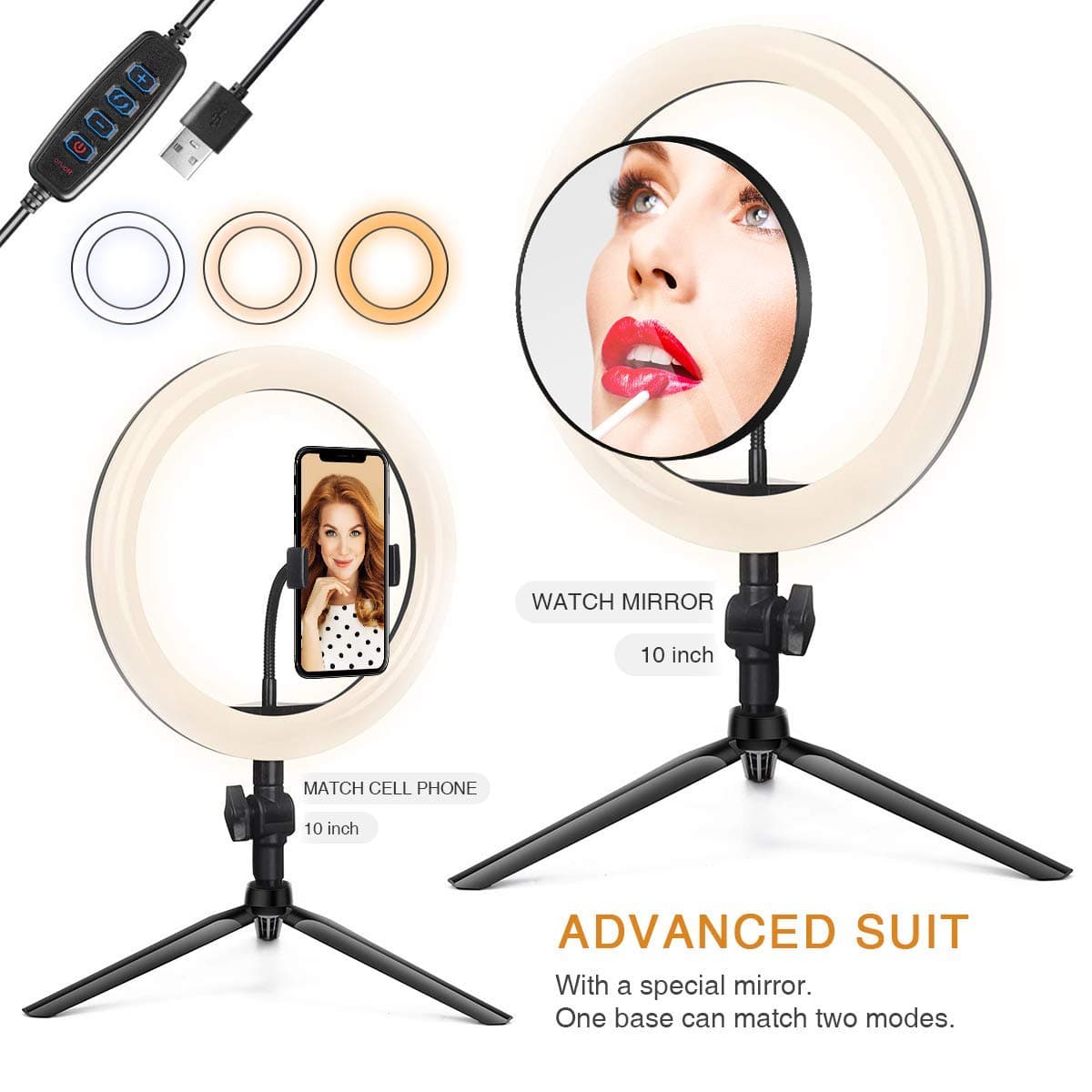 LED Ring Light,10in with Tripod Stand for Video and Lighted Makeup Mirror Cell Phone Holder Desktop LED Lamp with 3 Light Modes - Lighted Vanity Makeup Mirror; 5X Magnification (Plastic Mirror)
