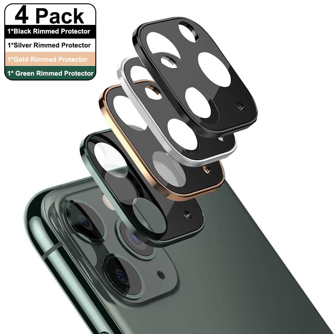 Tamoria [4 Colors Pack] Screen Protector Camera Lens for iPhone 11 Pro 5.8"/ iPhone 11 Pro Max 6.5" Silk-Screen Tempered Glass Titanium Alloy Rimmed Anti-Scratch Camera Protector Black Silver Gold Green