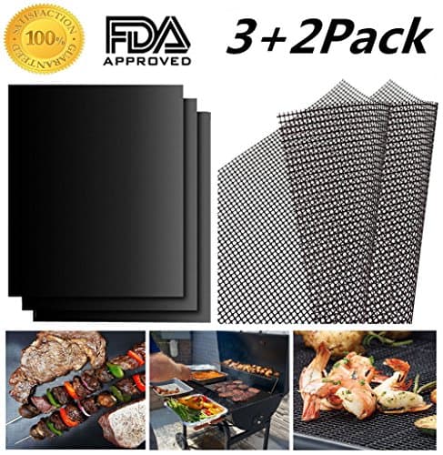 BBQ Grill Mat - Set of 3 Pack Solid + 2 Pack Mesh Non-Stick Grill &amp; Baking Mats - 13×15.75inch - Heat Resistant,Reusable,Easy to Clean - Work for Gas,Charcoal,Electric Grill and More