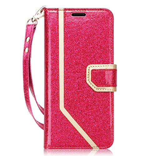 FYY Case for Galaxy S8 Plus, [RFID Blocking wallet] [Makeup Mirror] Premium PU Leather Wallet Case with Cosmetic Mirror and Hand Strap for Samsung Galaxy S8 Plus Magenta+Gold
