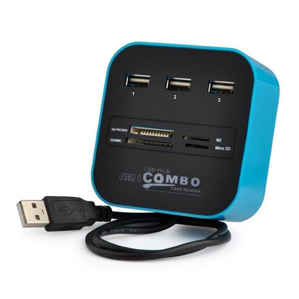 Multi-in-1 Card Reader and 3 Ports USB Hub, Feovino External Multi Memory Card Reader for MS/MS PRO Duo, SD/MMC, M2, Micro SD/TF (Blue)