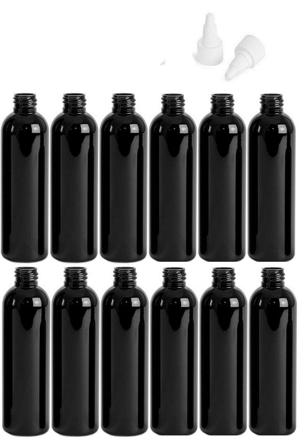 4 Ounce Cosmo Round Bottles, PET Plastic Empty Refillable BPA-Free, with White Twist Top Caps (Pack of 12) (Black)