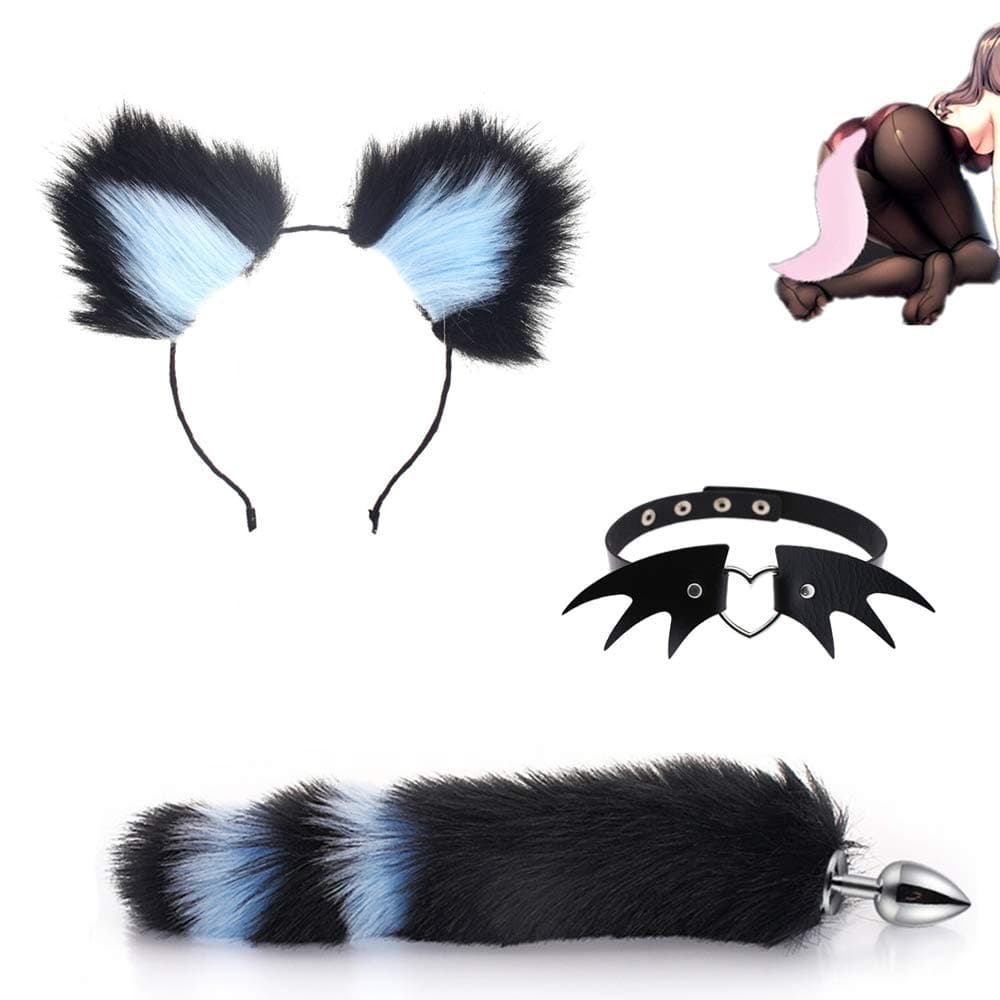 3 PCS Women's Little Devil Wings Collar with Key Chocker Chokers Fluffy Fur Tail for Sweetheart Baby Costume Cosplay B-ütt Pl-ùg T-ö-ys（ Black and Bule）-S