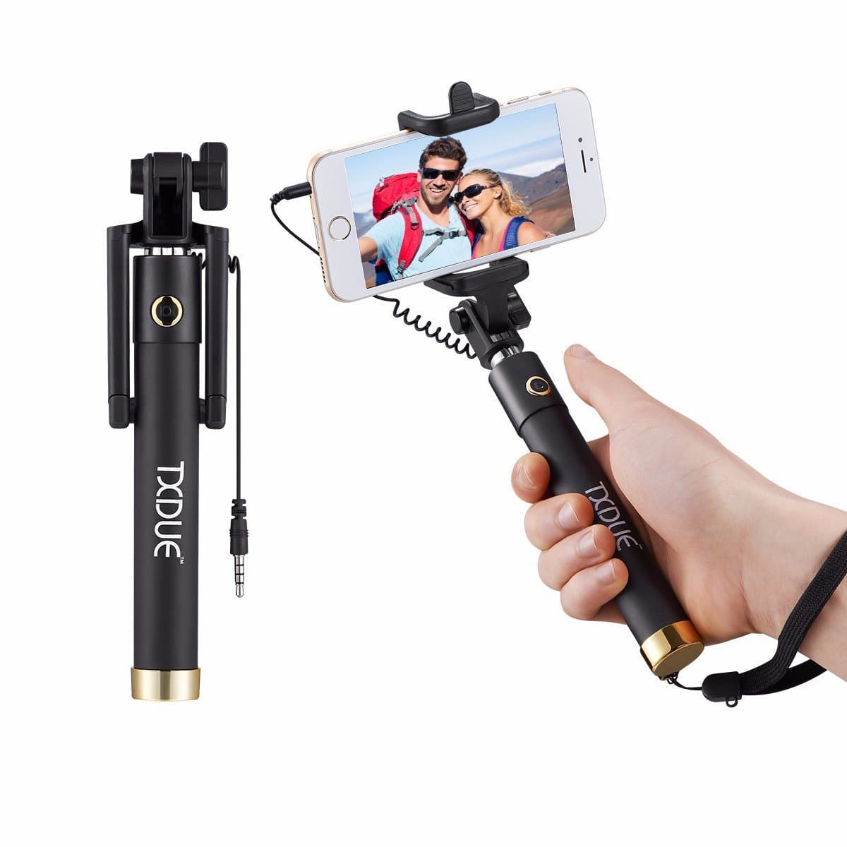 Selfie Stick, TXDUE Wired Ultra Compact Foldable Extendable Selfie Stick for iOS and Android Smartphones Gold