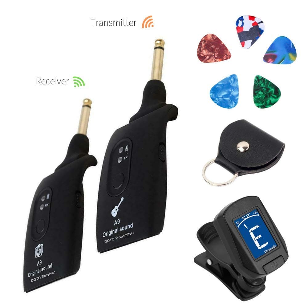 Wireless Guitar Transmitter Receiver Gift Bundle: Guitar Tuner, Picks and Pick Case for Electric Acoustic Bass, Violin, Amp - Cable Free Adapter System with 4 Channels