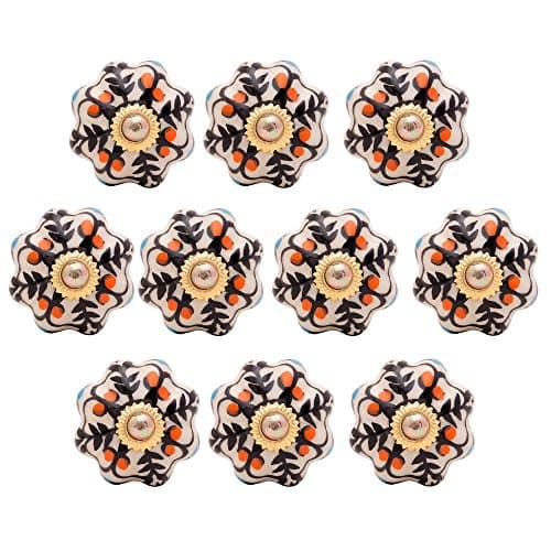 KNOBS CART's White Moroccan Floral Designed Ceramic Door Knob (4x2.25x2.25) Pack of 10 Off-white Colored Knob