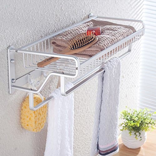 Wall Mounted Bathroom Floating Shelf Large Capacity Shower Caddy with 2 Towel Bar and 5 Hooks Utility Solid Shampoo Holder Heavy Load Bearing and Durable