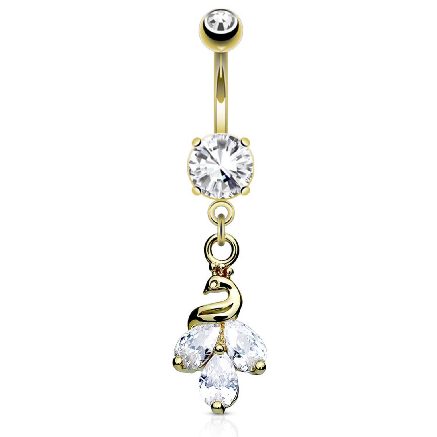 Peacock and Clear CZ Cluster Dangle Belly Button Navel Ring - 14G 3/8" (Gold-Tone Steel)
