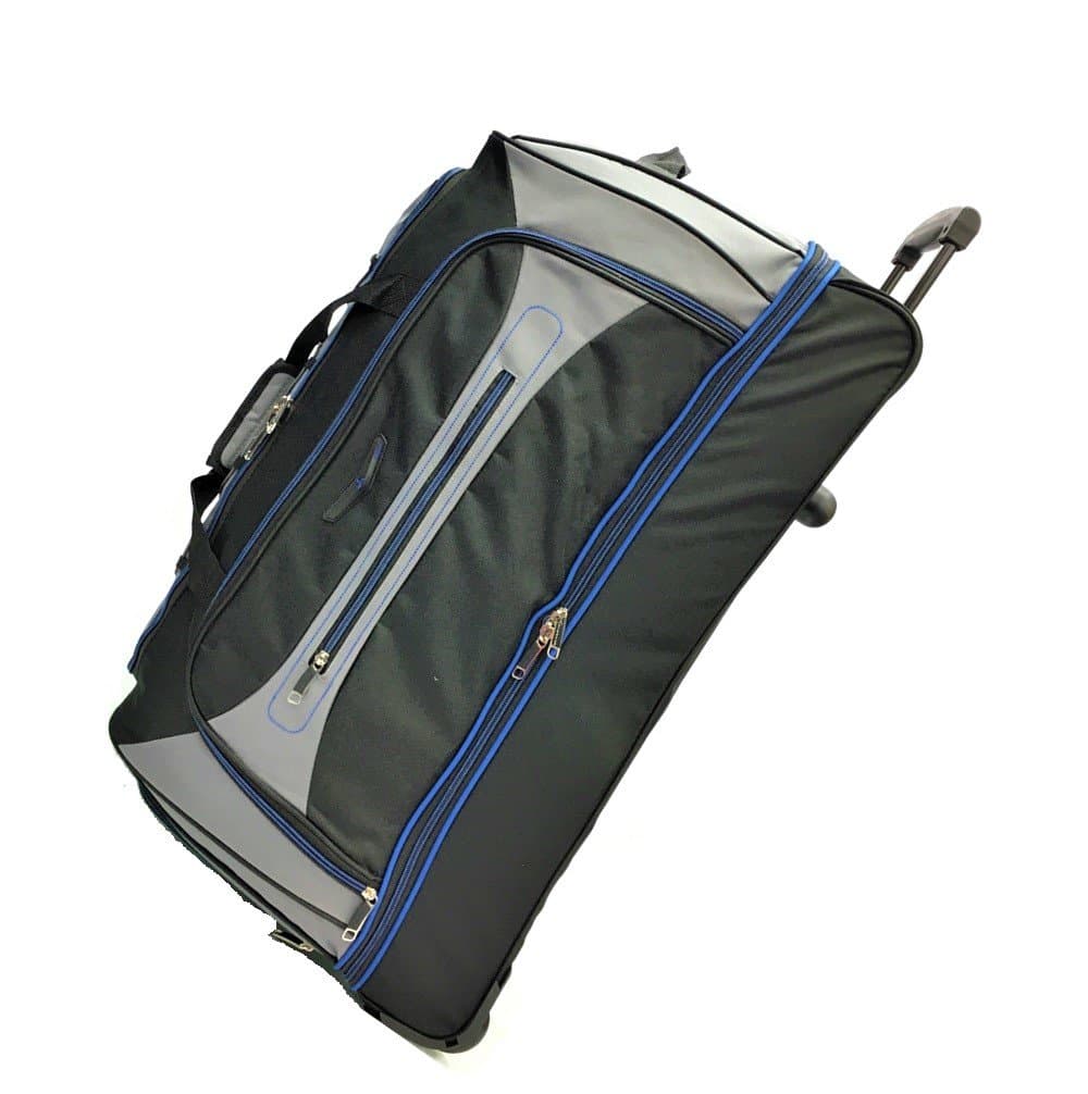 Large 30"/76.2cm Rolling Drop Bottom Duffel Hard Wearing Lightweight Travel Sports Weekend Business Big Carry Cargo Holdall Luggage Travel Bags Suitcases Bag in 2 Wheels (30" Large, Black/Blue Trim)