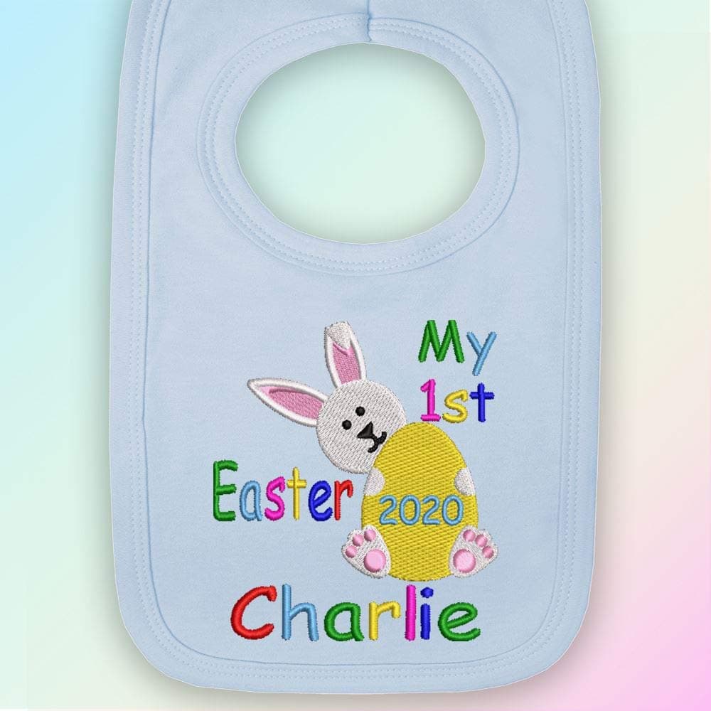 Personalised My 1st Easter - Embroidered, Pull-Over Bib in Baby Blue - One Size - Multicoloured Thread