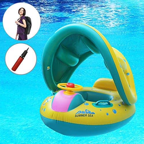 Yobooom Baby Pool Float Inflatable Swimming Ring with Adjustable Sun Shade Canopy Safety Seat for Age 6-36 Months Toddlers with Carry Bag