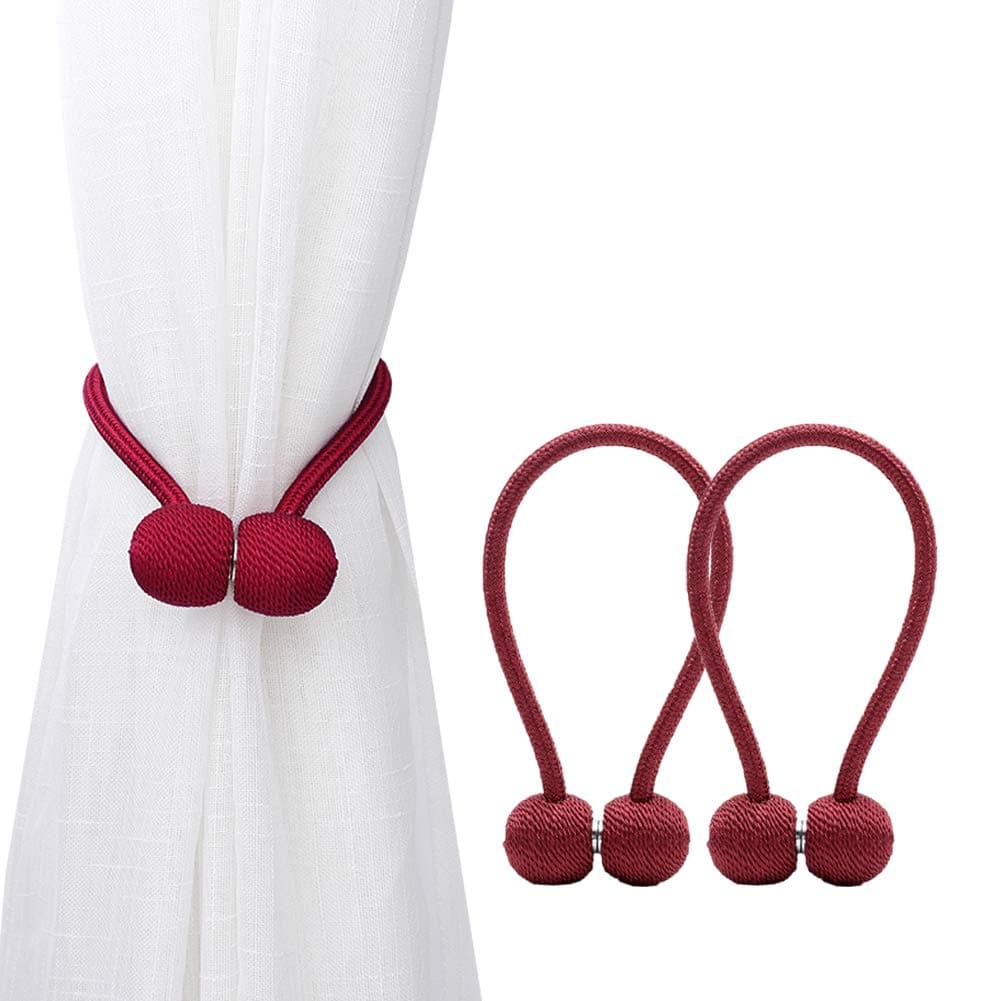 DEZENE Magnetic Curtain Tiebacks, 2 Pack Decorative Drape Tie Backs Rope Holdback Holder for Small, Thin or Sheer Window Drapries, 12 Inch Long, Wine Red