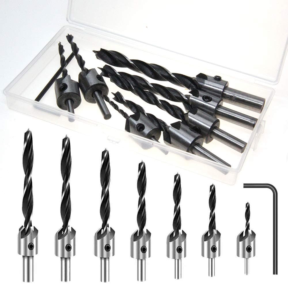 Countersink Drill Bit, 7PCS Drill Bits Set High Speed Steel Drill Bits Woodworking Chamfering Counter Bits Wood Drill Set with A Case and One Hex Key Wrench for Woodworking (3-10mm)