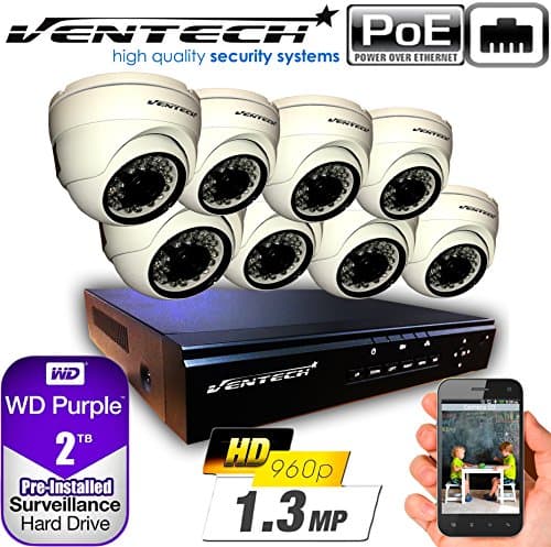 VENTECH POE Security Camera System 8CH NVR 1080P CCTV Kit with 8 Dome Cameras Outdoor (1.3MP) 2TB H-Drive, Easy Remote Smartphone Access,100ft Night Vision