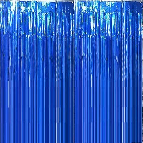 Aerfas 2 Pack 3.2 ft x 6.5 ft Metallic Tinsel Foil Fringe Curtains for Party Photo Backdrop Wedding Decorations (Blue)