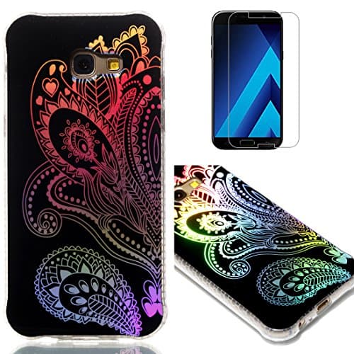 For Samsung Galaxy A3 2017 A320 Black Case and Screen Protector,OYIME Glitter Plating Pattern Thin Slim Soft Silicone Protective Back Cover Anti-Scratch Shockproof Transparent Bumper-Fantastic Flowers