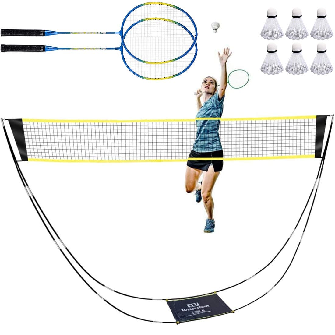 MOISO Easy Setup Portable Badminton Set with Carry Storage Bag, Net, 2 Rackets and 6 Nylon Shuttlecocks