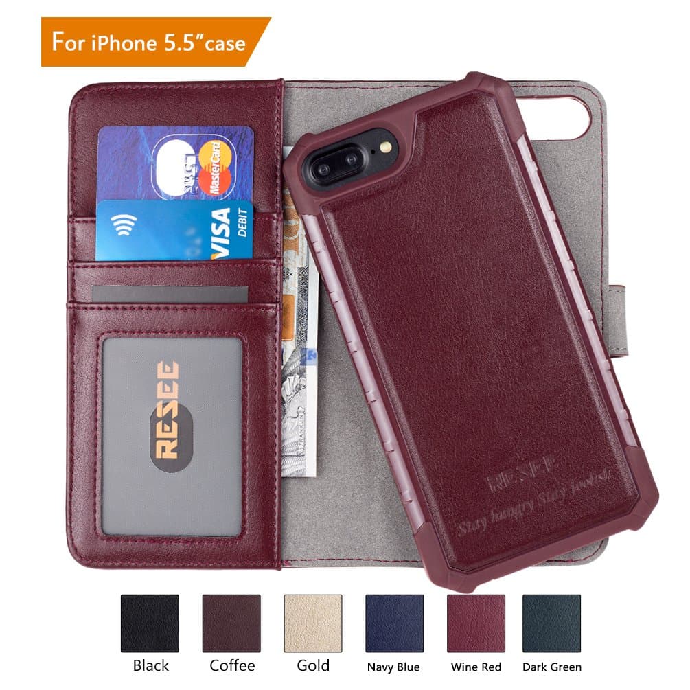 RESEE iPhone 7/8 Plus Wallet Case, iPhone 6s/6 Plus Case, [Detachable 2 in 1 Cover] PU leather Magnetic Flip Cover With Card Holder RFID Blocking Shock Absorption For Apple iPhone 5.5 Inch - Wine Red