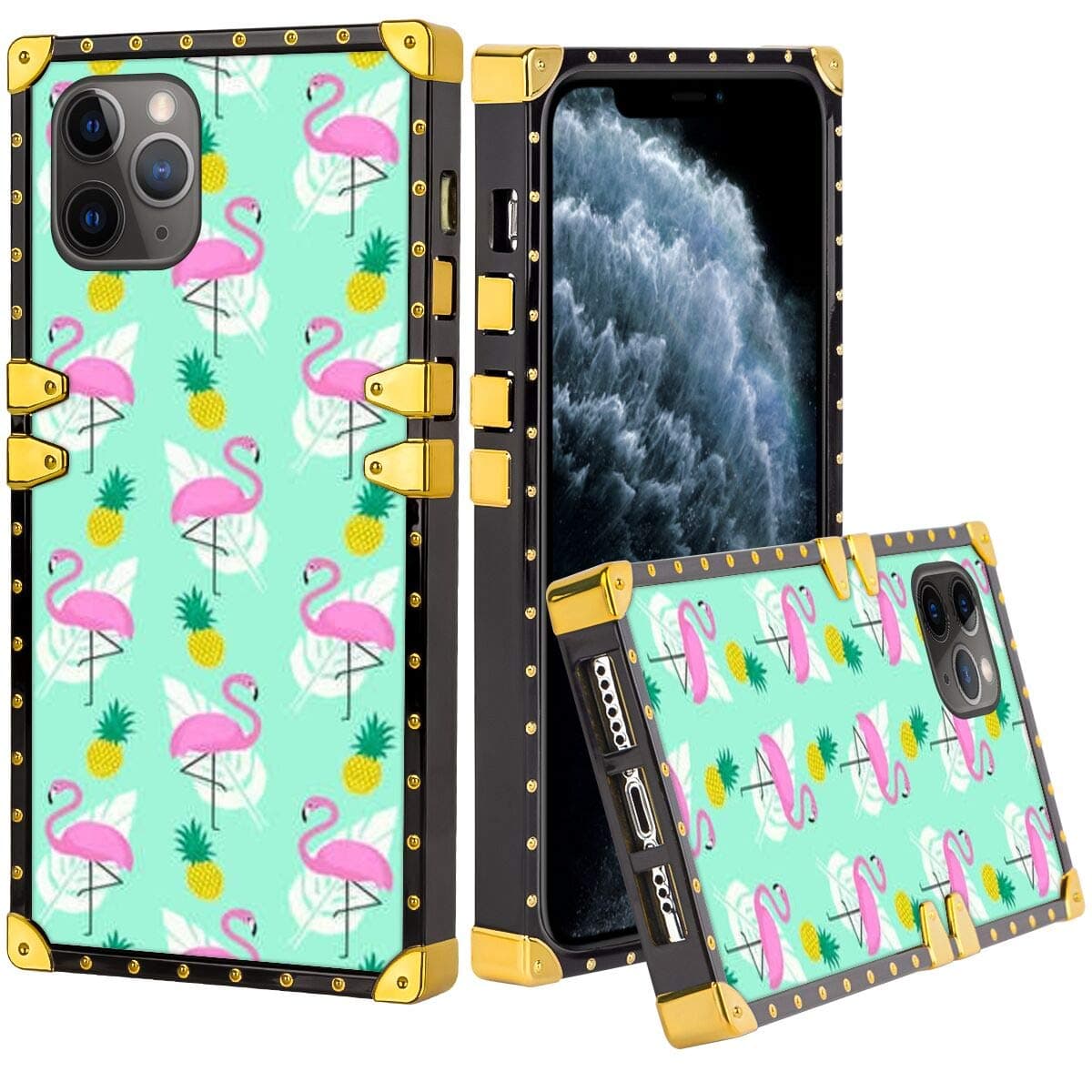 hfijgsj Square Case for iPhone 11 Pro Max 6.5 Inch 2019, Pink Flamingo Fashion Slim Soft Shockproof Design Metal Decorative Full Protective Phone Case