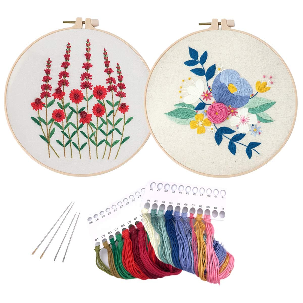 2 Pack Embroidery Starter Kit Including Embroidery Cloth with Pattern, Stab-Resistant Plastic Embroidery Hoop, Color Threads and Tools Kit(Kit3:Plain&Colorful Flower),Home Decoration,Special Gift