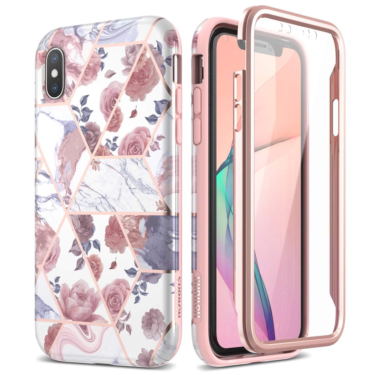 SURITCH Marble iPhone Xs Max Case, [Built-in Screen Protector] Natural Marble Full-Body Protection Shockproof Rugged Bumper Protective Cover for iPhone Xs Max Case 6.5 inch (Rose Marble)