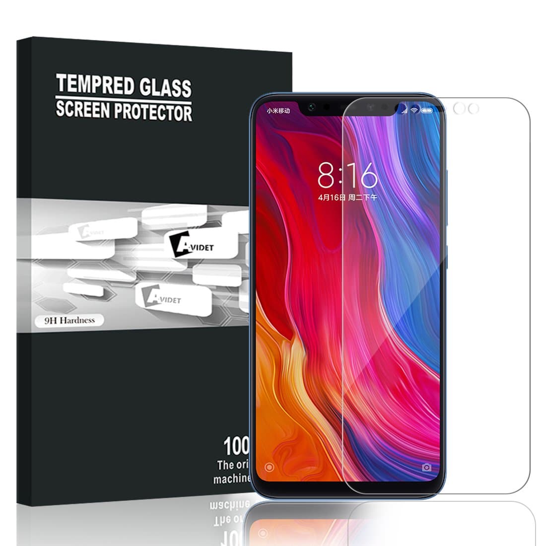 Xiaomi Mi 8 Screen Protector, AVIDET 9H Hardness Premium Tempered Glass Screen Protector for Xiaomi Mi 8 (2-Pack)