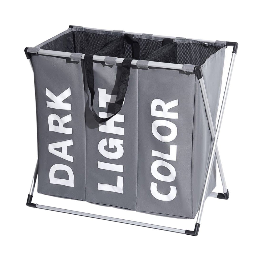Enerhu 3 Sections Laundry Hamper Basket with Handle Dark Light Color Large Laundry Caddy Bag Folding Aluminum X-frame Dirty Clothing Sorter Home 64x38x58cm/25x15x23inch