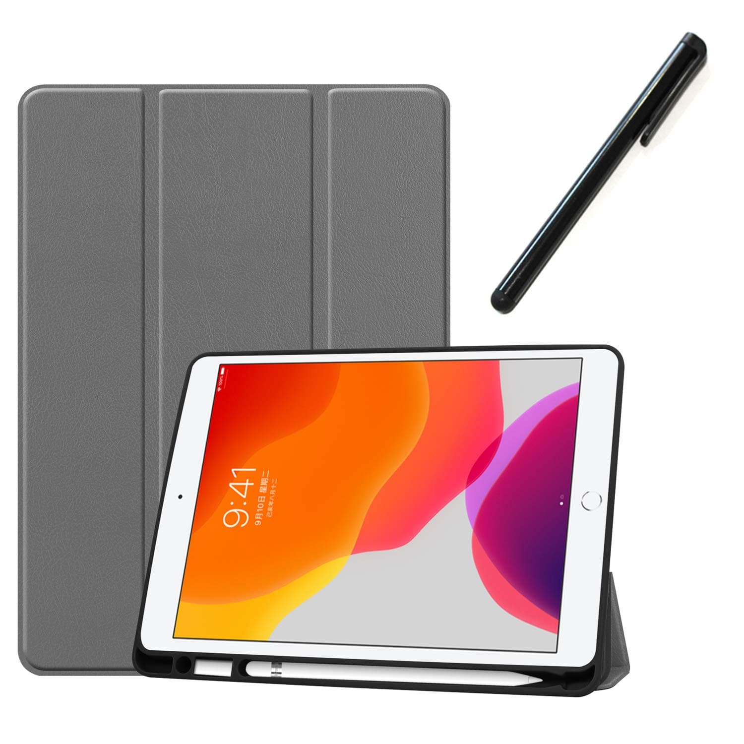 XTstore Case for New iPad 7th Generation 10.2" 2019 with Built-in Pencil Holder, Slim Smart Shell Stand Cover with Soft Silicone Back Protector for iPad 10.2 Inch 2019, Grey (Auto Wake/Sleep)