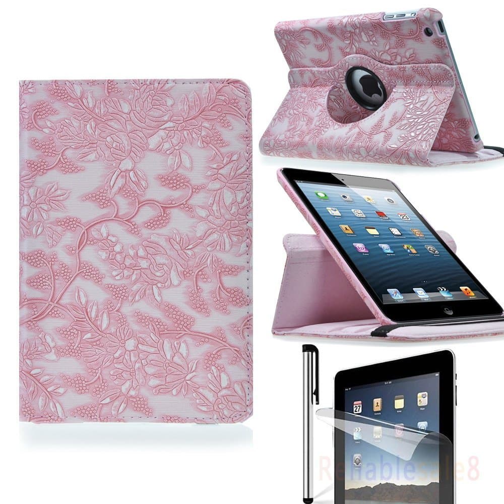 Eallc Retro 360 Degree Rotating Stand Leather Smart Case Cover for iPad Mini / ipad mini 2 with retina display with Free Stylus Pen and Protective Film (pink)