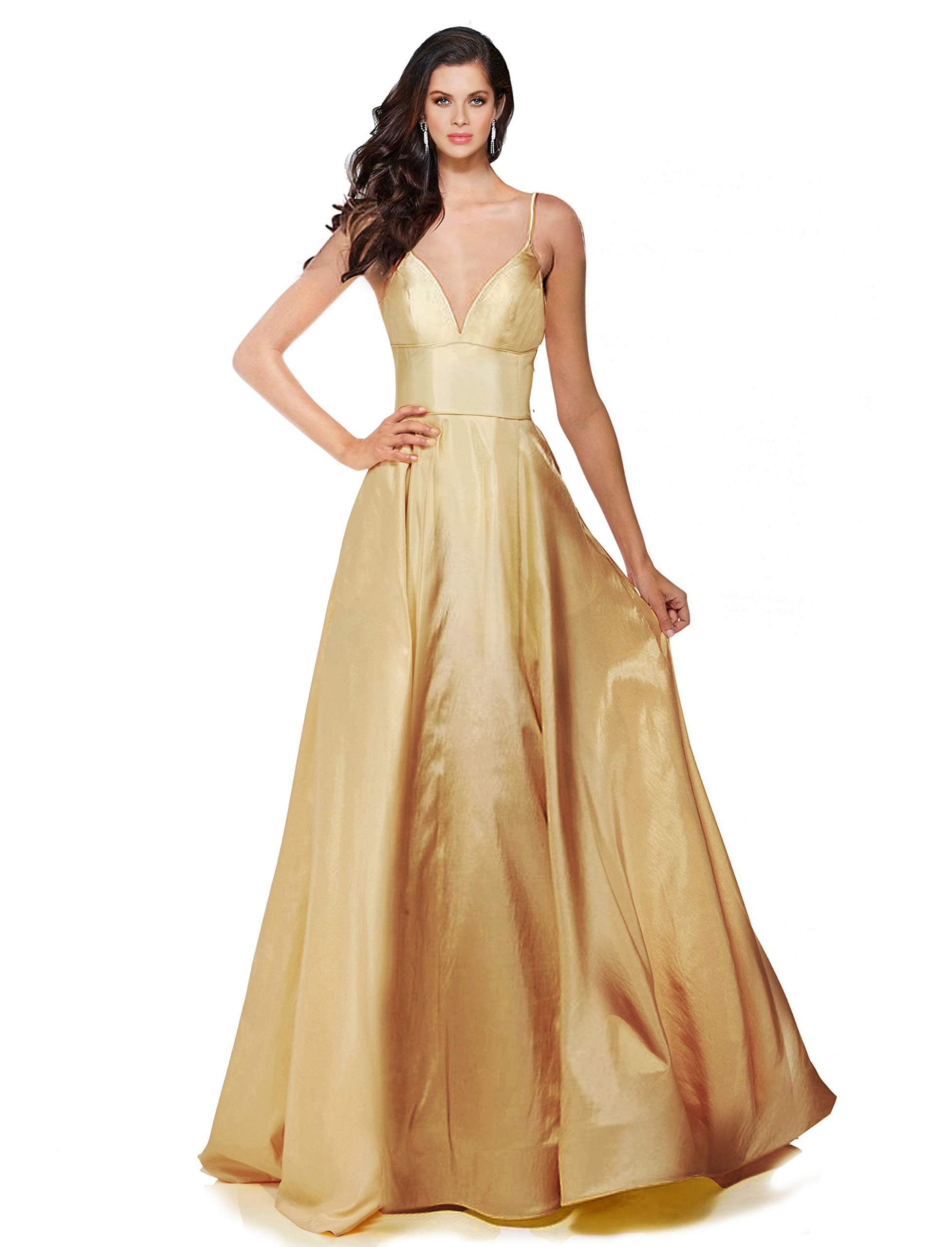 SUMINTRAS Alluring deep v-Neck Side Pockets a line lace-up Back Taffeta Ball Gown Prom Formal Dress