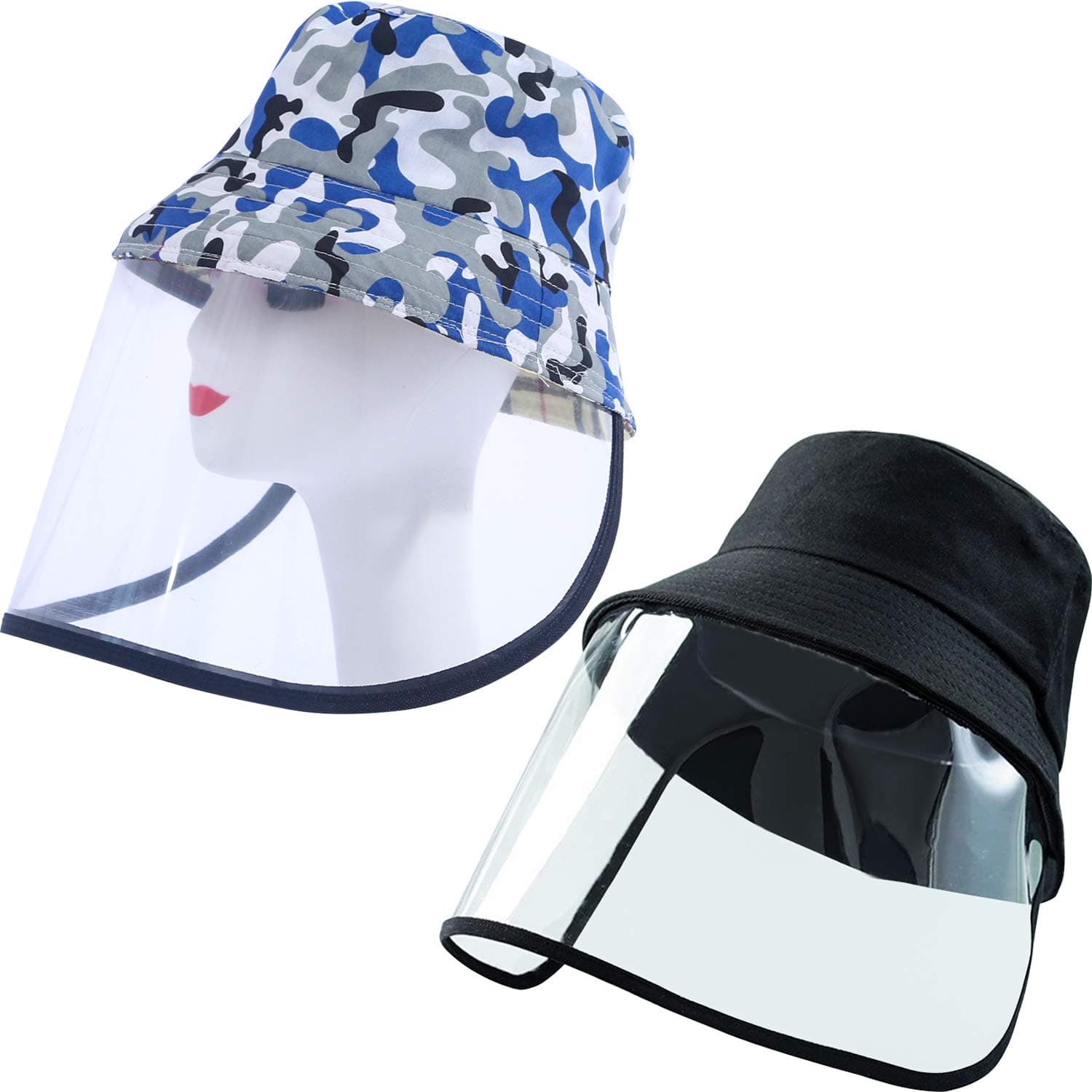 Trounistro 2 Pack Protective Hat Safety Face Shields Full-face Protective Cap Sun Visor Hat Fisherman Cap Anti-Fog, Anti-saliva, Anti-Spitting Hat for Men and Women (Black and Camouflage)