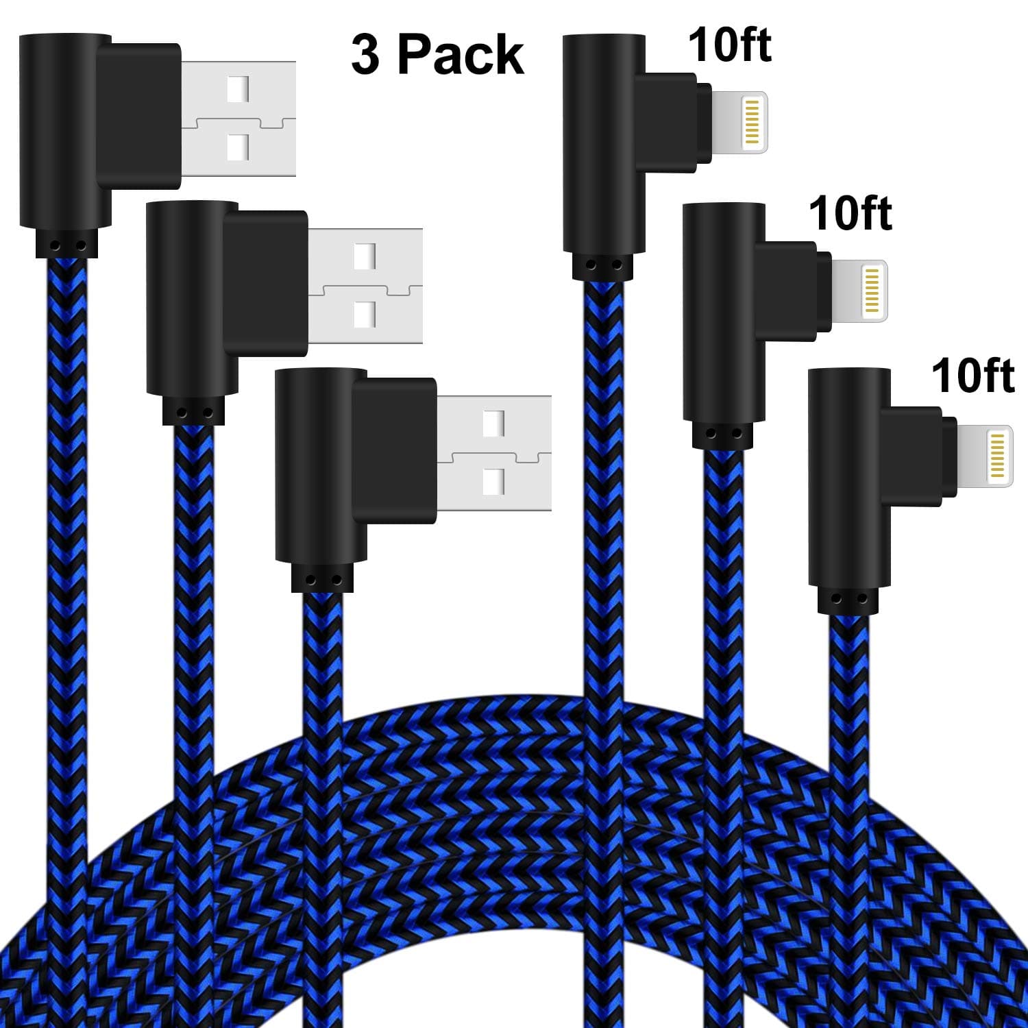Lightning Cable 10ft 90 Degree iPhone Charger 3 Pack Right Angle iPhone Charging Cable Nylon Braided Fast Charge Cord Compatible with iPhone 12/11/ XS/XR/X/8 Plus/7 Plus/6 Plus (Blue)