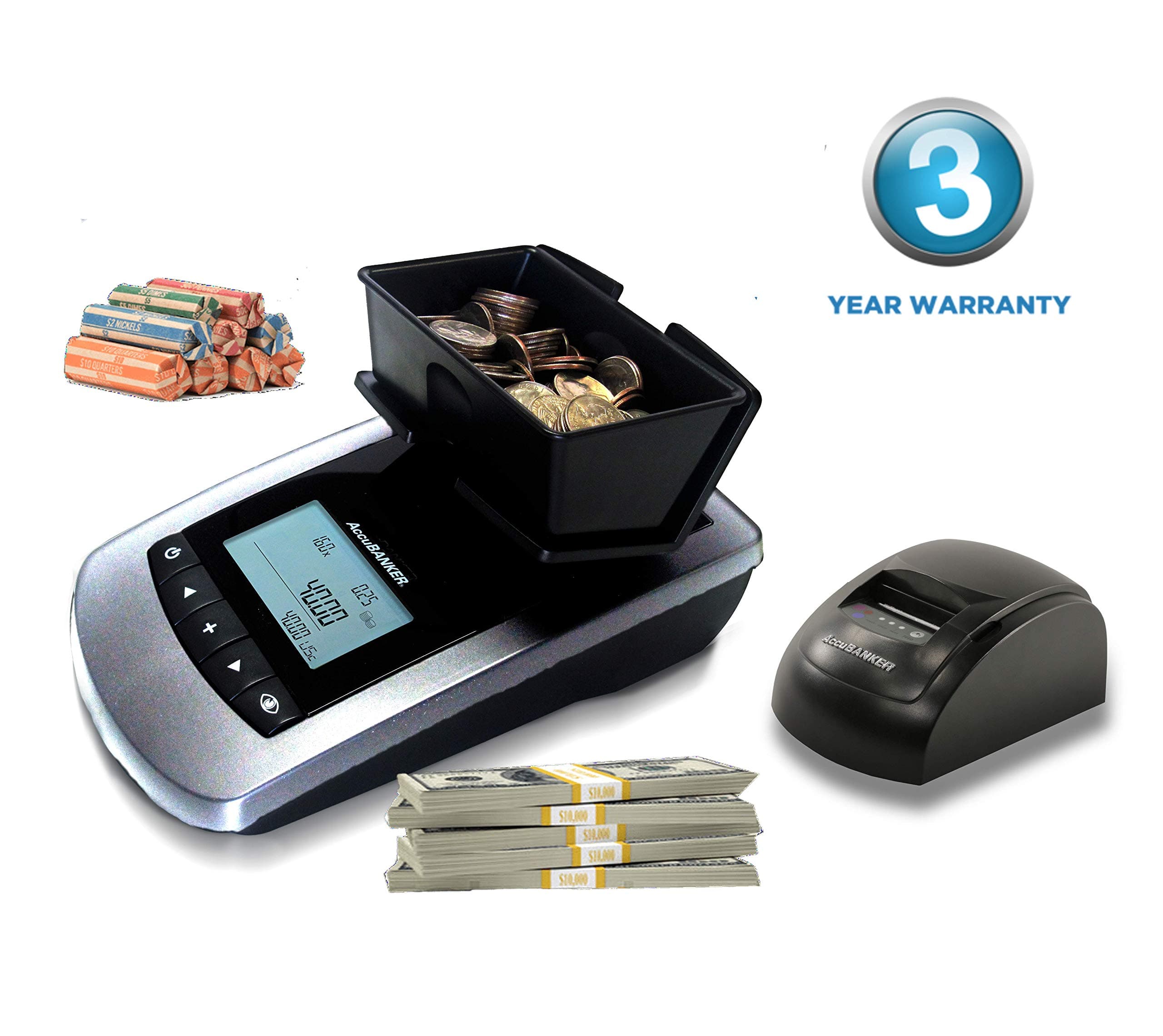 AccuBANKER MS10 Portable Money Scale and Printer Bundle, Multi-Currency USD-CAD-EUR Bill and Coin Counter Counts Both Loose and Rolled/Strapped Bills/Coins (New MP20 Printer Included)