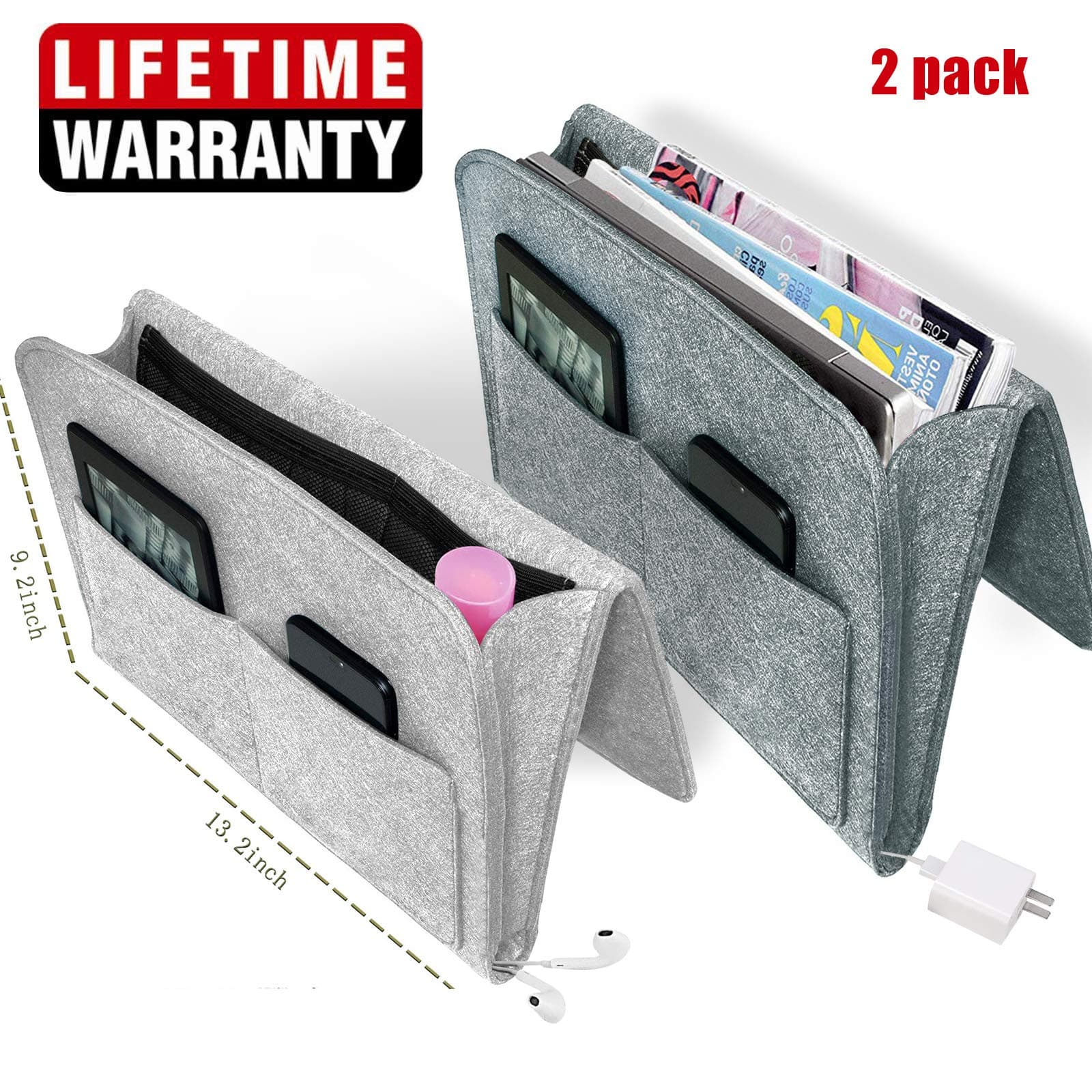 Bedside Caddy Felt Storage Organizer, Under Couch Table Mattress Caddy for Holding Books Magazines Tablet Phone - Five Pockets and Side Charging Cable Hole, Large Size 9.2" x 13.2" inch Laptop Holder