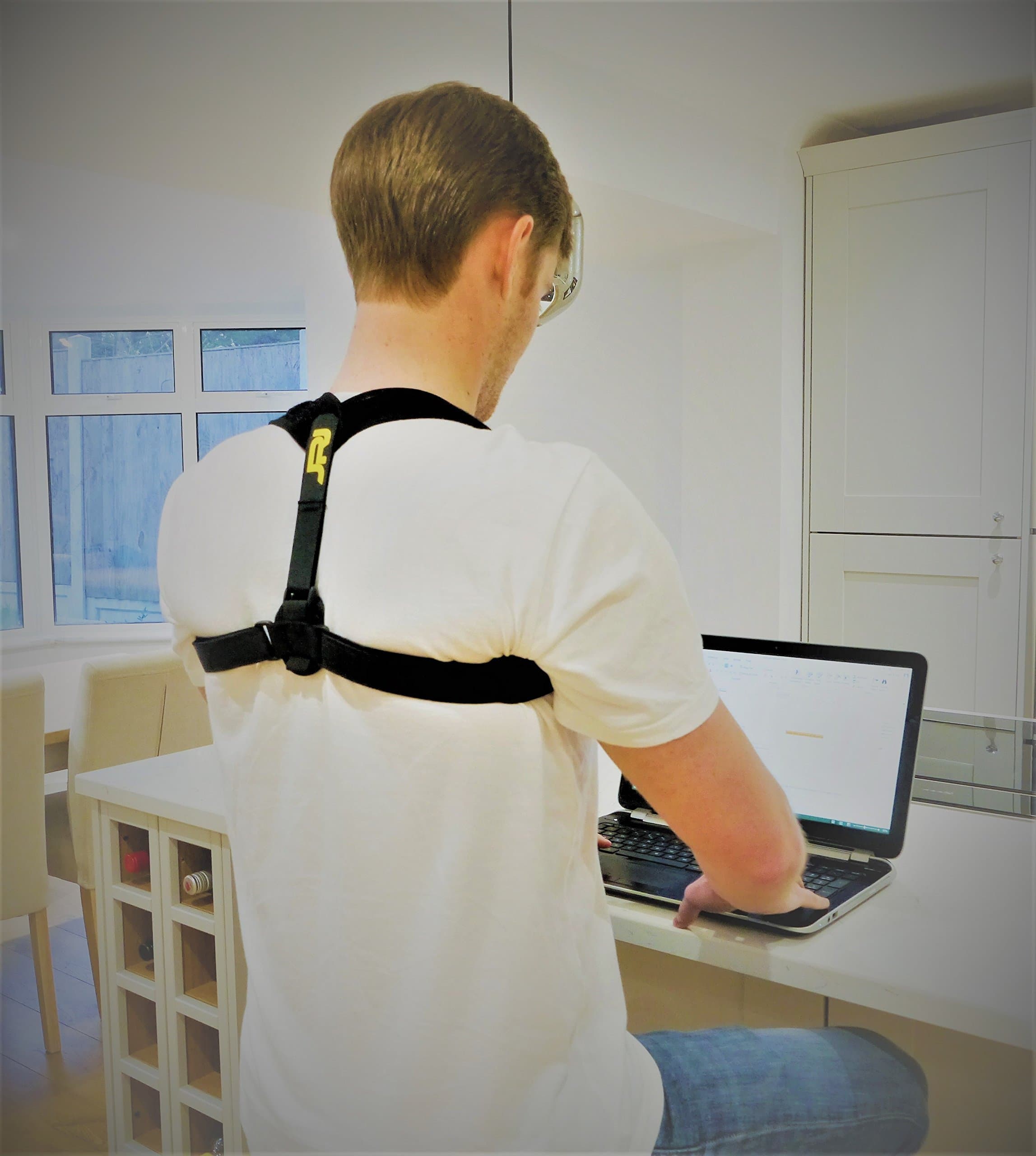JRJ. Posture Corrector. Neck Back and Shoulder Brace. Support. Fully Adjustable. Men. Women. Neoprene. Fitness. Gym. Injury care. Health. Lifestyle. No More Computer Posture. Stop Slouching.