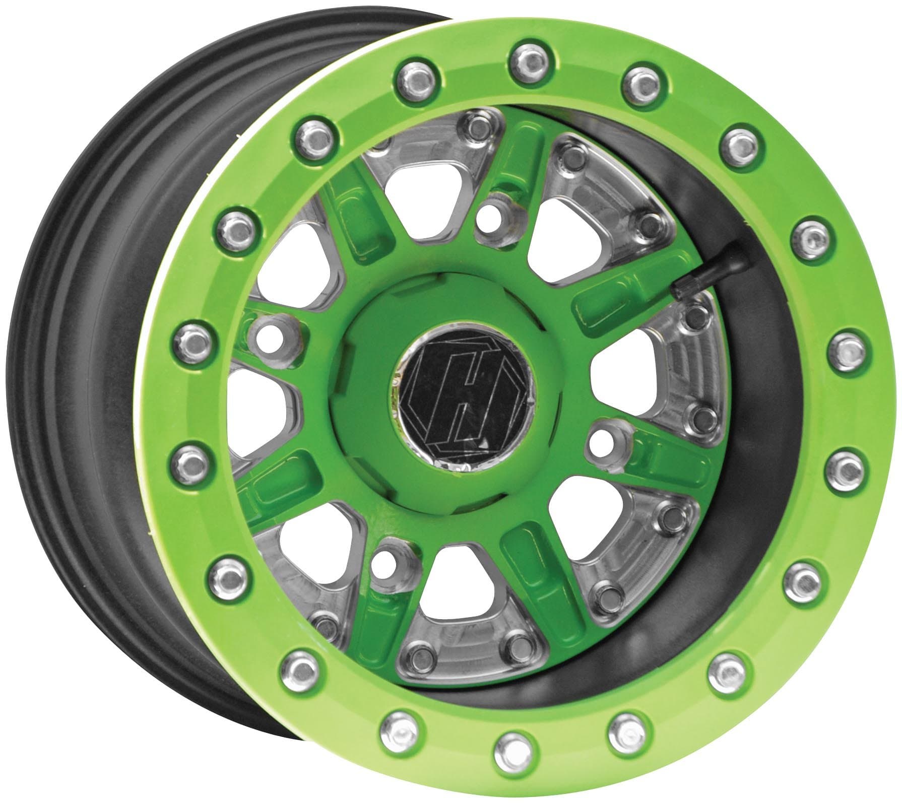 Hiper Wheel Sidewinder 2 Wheels - 12x7 - 5+2 Offset - 4/156 - Green , Position: Front/Rear, Wheel Rim Size: 12x7, Rim Offset: 5+2, Bolt Pattern: 4/156, Color: Green 1270-POLGN-52-SBL-GN