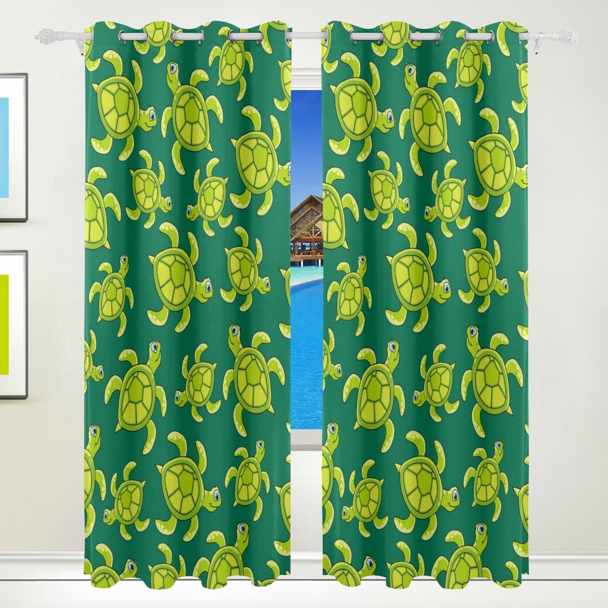 Chen Miranda Baby Turtle Pattern Printed Blackout Window Curtain 2 Panel set - Grommet Top - Thermal Insulated Room Darkening Curtains Drapes for Bedroom Living Room 84 x 55 inch