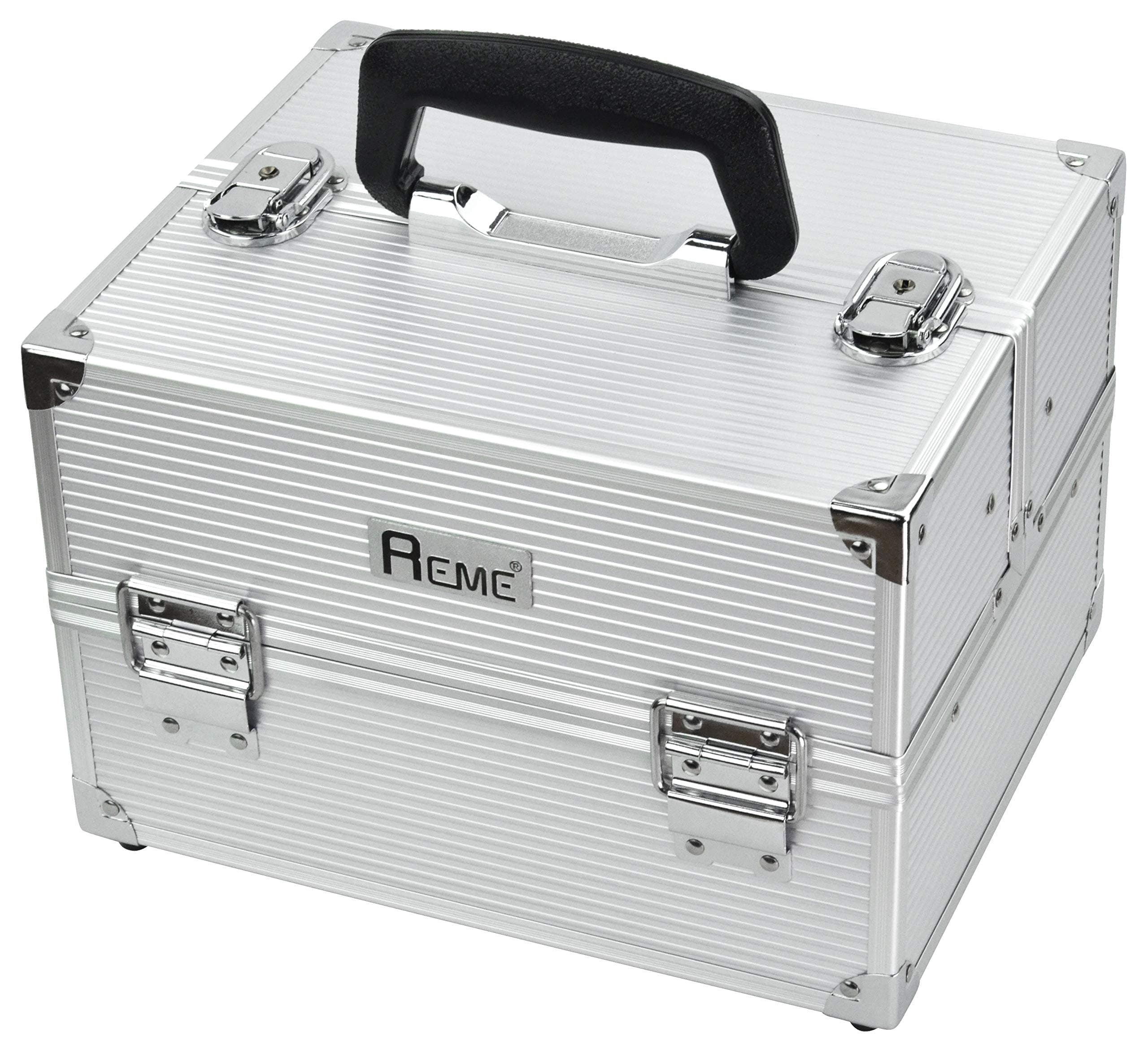 Makeup Train Case Cosmetic Organizer Case with Plastic Trays, Silver Stripe ABS Surface,Classic Type