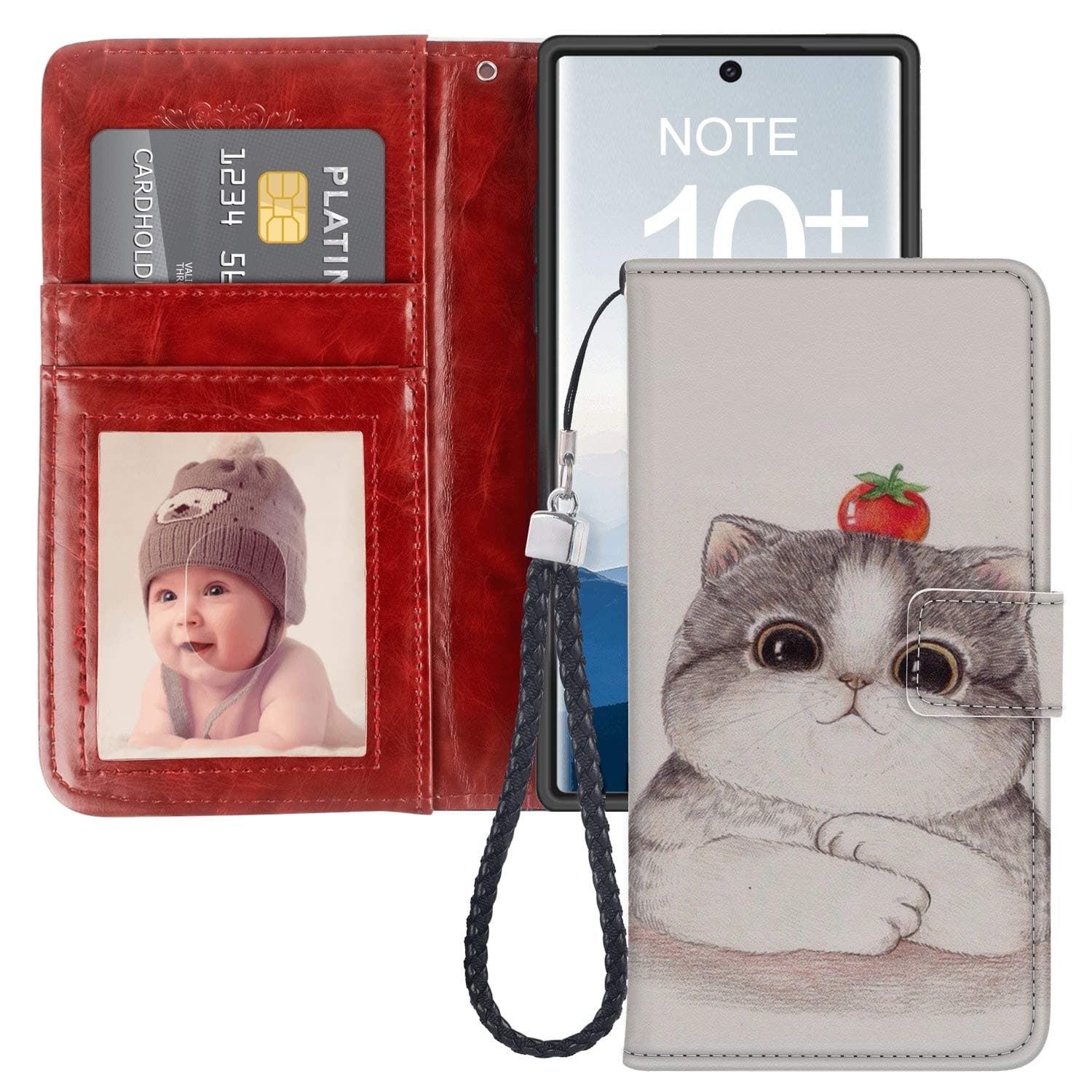 Designed Tomato Cat Samsung Galaxy Note 10 Wallet Case Shockproof Flip Folio Synthetic Leather Magnetic Case for Samsung Galaxy Note 10 with ID Credit Card Pockets Hand Strap