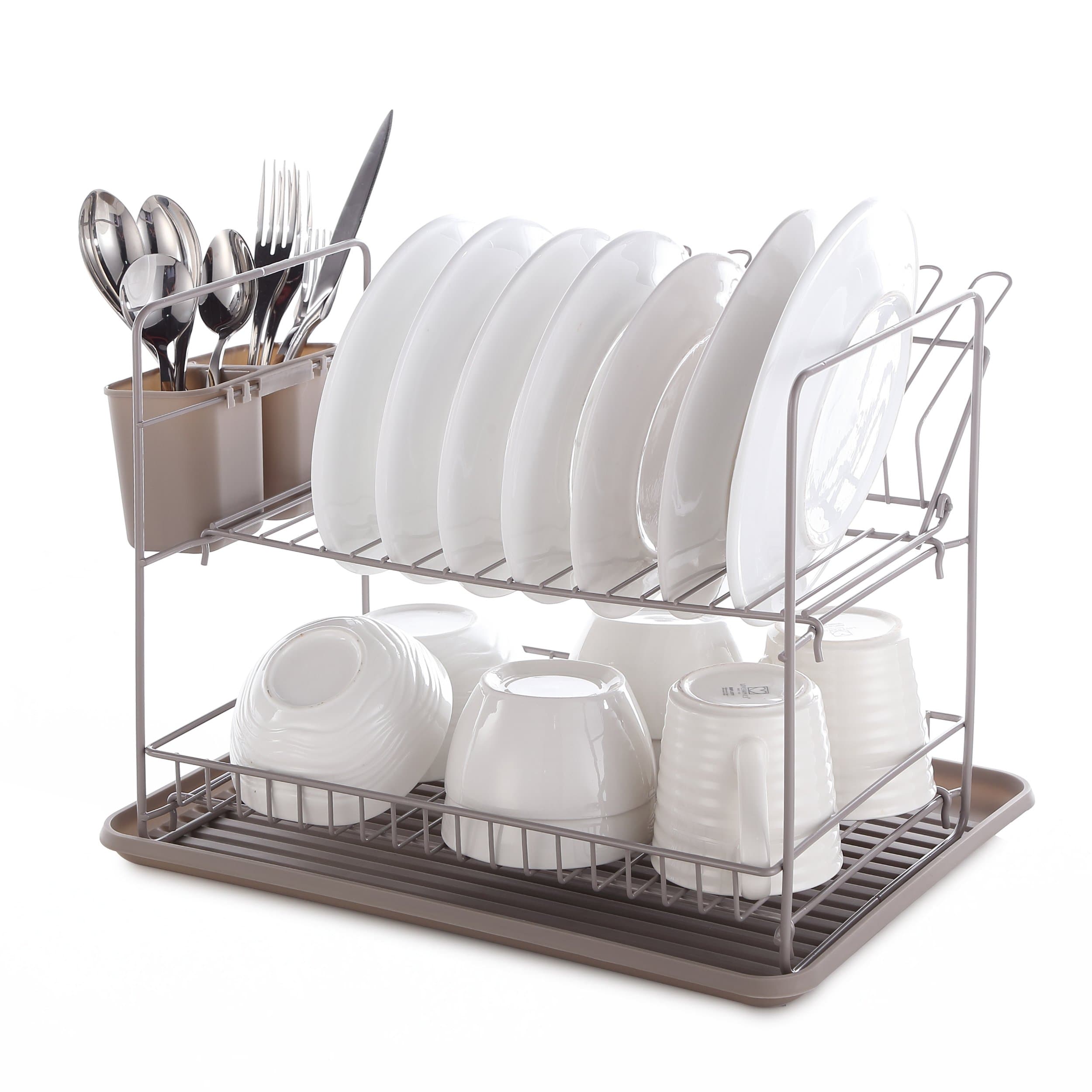 Kendan - Dish Rack Drainer, 2 Tier, Warm Grey with Drip Tray and Folding Rack