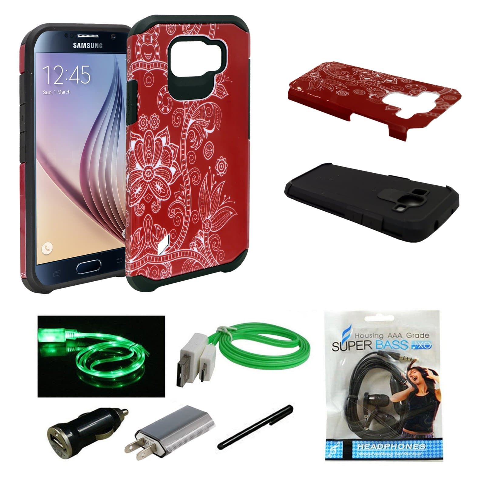 Galaxy S6 Active Case, Mstechcorp - Samsung Galaxy S6 Active Design Premium Heavy Duty Dual Layer Protector Hybrid Phone Cover Case for Galaxy S6 Active - Includes Accessories (White Vine)